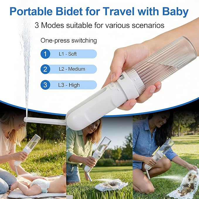 Portable Baby Bidet & Cloth Diaper Sprayer - Travel Irrigator for Baby Butt Cleaning, Rechargeable Handheld Sprayer, 28mm Bottle Compatible (White)