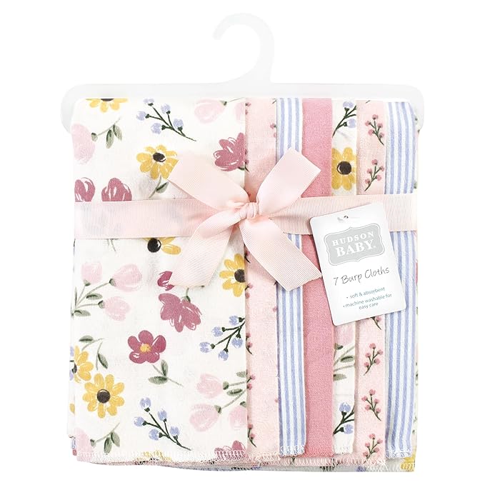Hudson Baby Unisex Baby Cotton Flannel Burp Cloths, Soft Painted Floral 7 Pack, One Size
