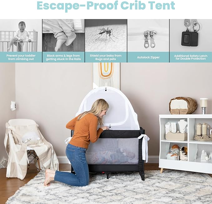 Mini Crib and Pack and Play Tent, Net Canopy to Keep Baby from Climbing Out, Breathable Mesh with Auto-Lock Zipper and Latch, Safety Tent for Travel and Sleep (Mosquiteros para Cunas de Bebes)