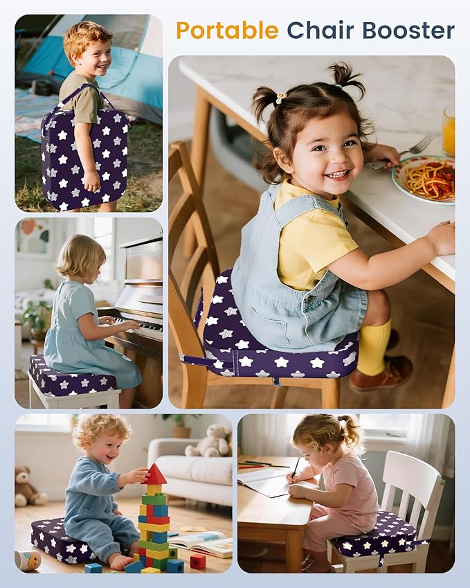 Toddler Booster Seat for Dining Table and Kitchen Chair – Adjustable Safety Straps, Non-Slip, Easy to Clean, Portable Travel Foam Booster Cushion Seat for Kids & Toddlers (Purple-Star)