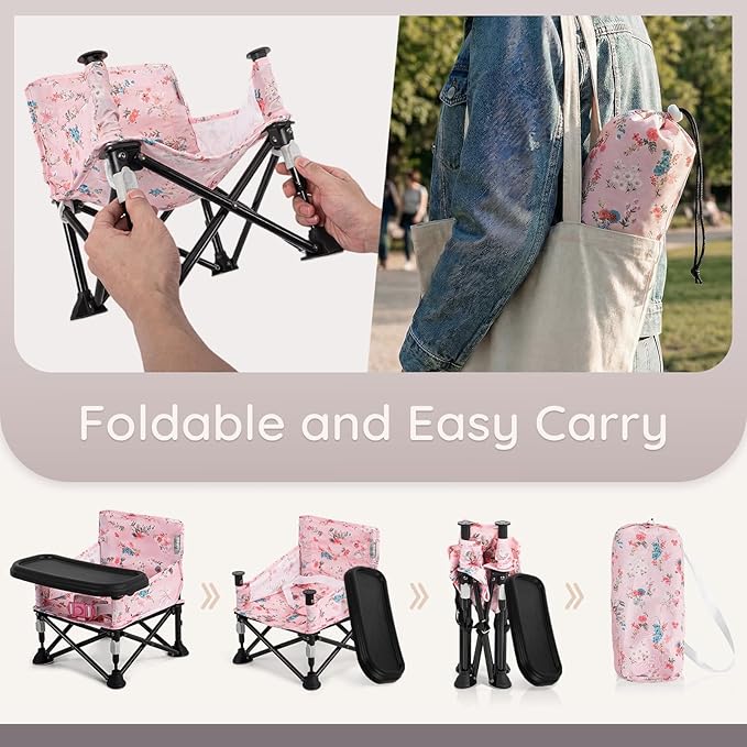 Booster Seat for Kitchen Chair with Removable Tray, Portable Foldable Baby Chair for Babies 6-36 Months, Indoor Outdoor Toddler Camping Chair (Pink Floral Design)