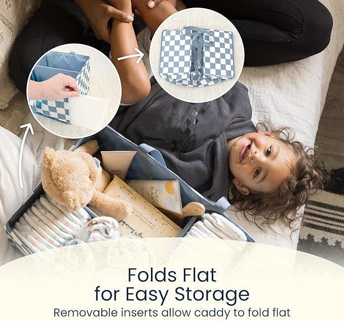 Tiny Twinkle Diaper Caddy Organizer | Foldable Baby Storage Basket with Removable Divider | Waterproof & Mess-Proof Fabric, Portable Nursery Organizer for Newborn Essentials (Sage Checkers)