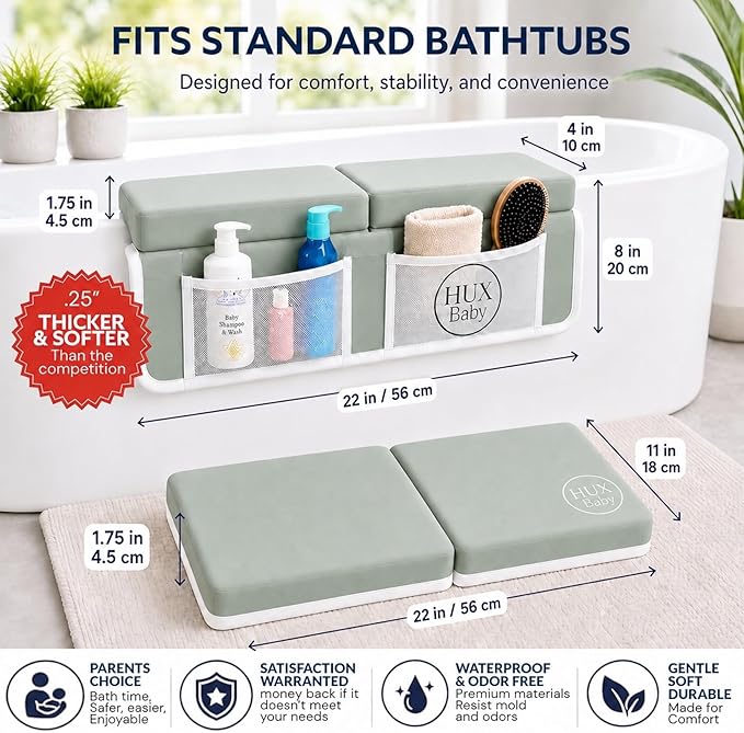 Comfortable Baby Bath Kneeler and Elbow Rest Pad Set, Non-Slip Bathtub Kneeling Pad for Bathing Baby, Bath Tub Cushion Mat, Elbow Pads, Toy Organizer Storage Pockets, Strong Suction Cups (Green Gray)