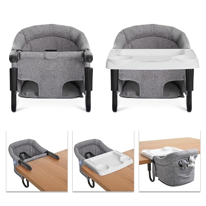 Evolur Clamp-On Comfort Table Chair, Portable Clip-On High Chair for Babies & Toddlers (6–36 Months), Removable Washable Seat Cover, Dishwasher-Safe Tray, Foldable Design with Carry Bag – Gray