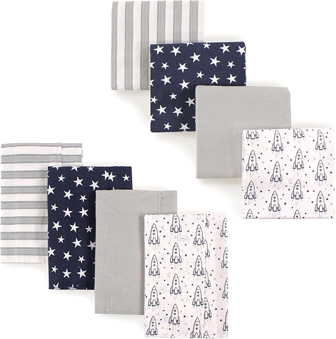 Hudson Baby Unisex Baby Cotton Flannel Burp Cloths and Receiving Blankets, 8-Piece, Rocket Ship, One Size
