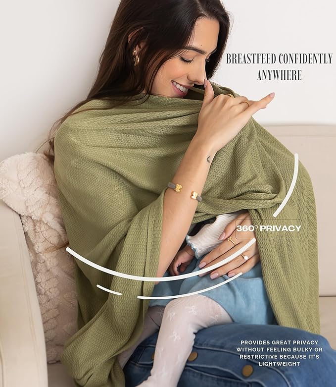 Set Premium Breast Feeding Covers for Women of All Body Types: Ultra Soft Stylish and Breathable Nursing Cover up for Breastfeeding + 4 Reusable Breast Pads for Nursing Comfort (Olive Sage)