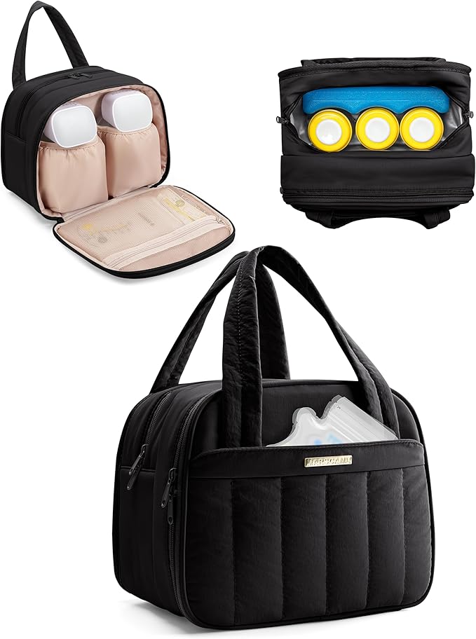Marscamd Quilted Wearable Breast Pump Bag with Cooler Compartment, Wearable Pump Case Compatible with Momcozy and Most Brand Hands-Free Breast Pumps, Black