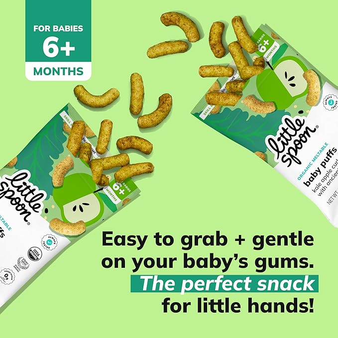 Little Spoon Kale Apple Meltable Baby Puffs, Organic Corn Quinoa Sorghum, No Rice, No Added Sugar Snacks, Encourages Self-Feeding, 1 Oz Bag, 4 Pack