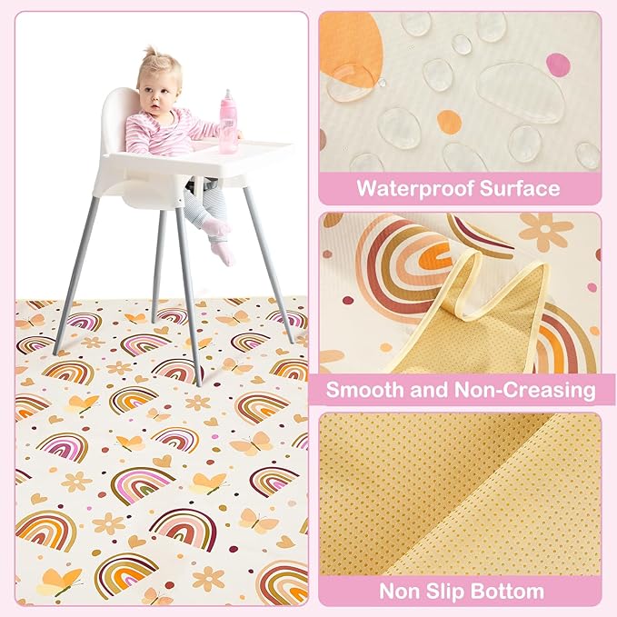 Basumee Splat Mat High Chair Mat Waterproof Baby Play Splat Mat for Under High Chair Food Catcher Highchair Mat for Floor Non Slip Bottom, Brown Rainbow, 46x42 Inches