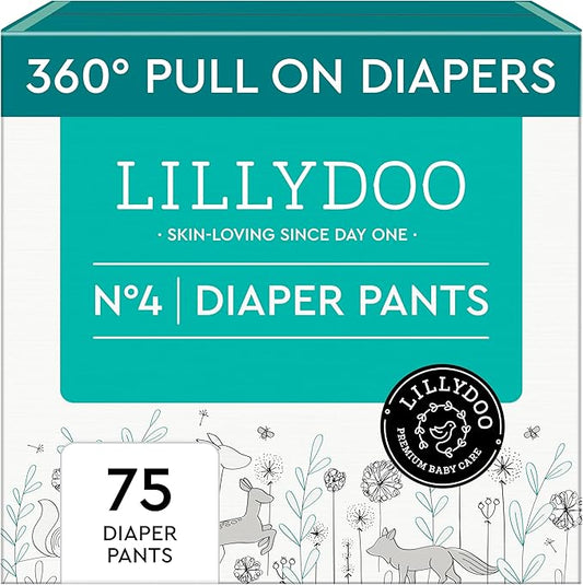 LILLYDOO Diaper Pants Toddlers - Size 4 (20+ lbs), Half-Monthly Supply (75 Count), Skin-Friendly, Ultrasoft, Chlorine-Free, Snug Fit & Absorbent Pull On Diapers