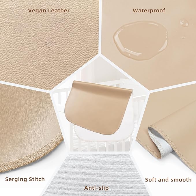 Elantrip Changing Pad for Bed - Leather Changing Pad for Baby, Portable Baby Changing Mat Travel, Compact Diaper Change Mat, Fits Diaper Bag Beige