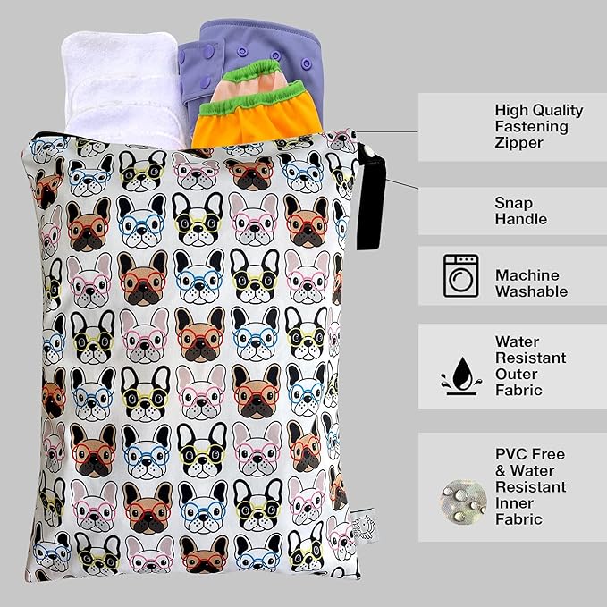 FLOCK THREE Washable and Reusable Wet Bag Diaper Bag Water Resistant Swimming Bag Travel Toiletries Pouch Pugs Dog Print Zippered 12.6'' x 16.5''