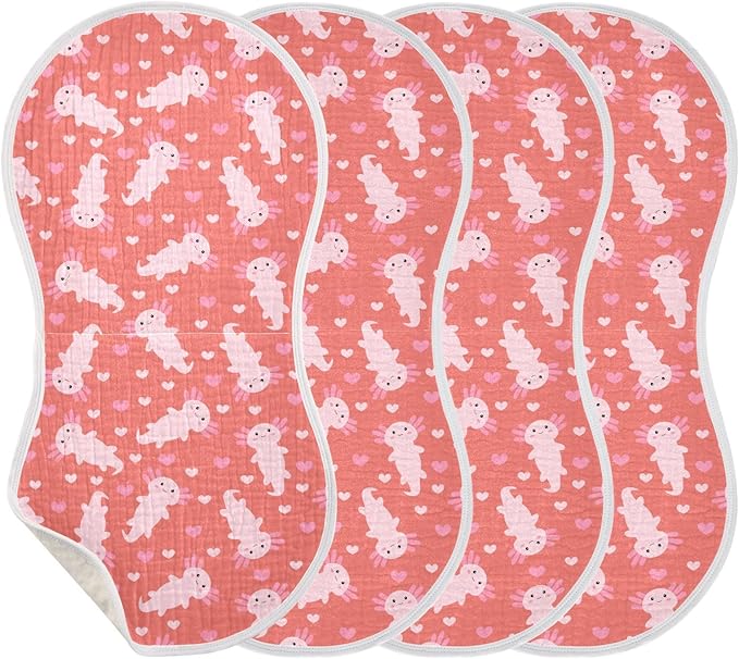 Muslin Burp Cloths for Baby Boys and Girls - 4-Pack Ultra Absorbent Cute Axolotl Heart Muslin Washcloths, Newborn Towel, Milk Spit Up Rags, Burp Cloth Bib for Unisex, 22 x 11 Inch