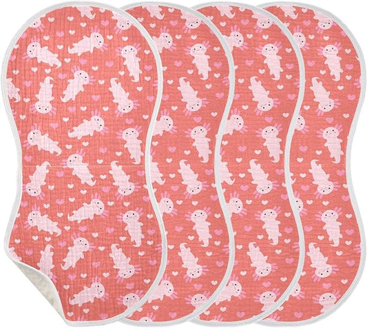 Muslin Burp Cloths for Baby Boys and Girls - 4-Pack Ultra Absorbent Cute Axolotl Heart Muslin Washcloths, Newborn Towel, Milk Spit Up Rags, Burp Cloth Bib for Unisex, 22 x 11 Inch