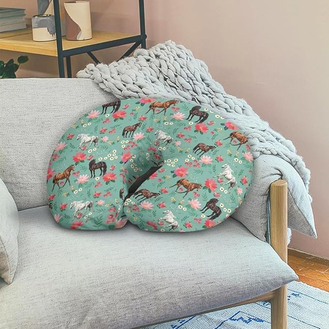 Horses Floral Washable Baby Nursing Pillow Cover with Hidden Zipper Dustproof Washable Support Pillow Slipcover for Bottle and Breastfeeding, Home Car Decor