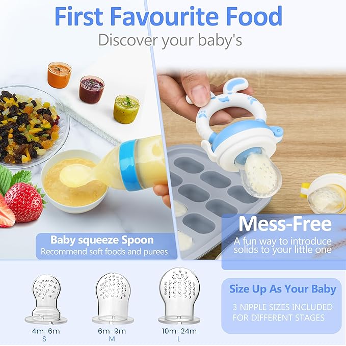 Baby Fruit Feeder Pacifier- 3 Pack | Infant Food Feeder Pacifier & Baby Food Dispensing Spoon | Mesh Fresh Fruit Teethers for Babies | Shower Gifts for Boys and Girls (Sky Blue)