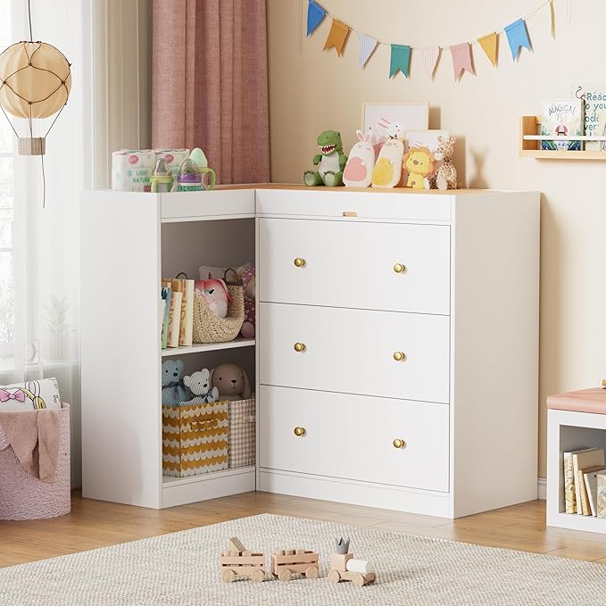 PAKASEPT Modern Nursery Changing Table, Corner Baby Dressing Table with 3 Drawers and 2 Open Shelves, Multi Functional Diaper Changing Station for Children's Rooms,Nursery