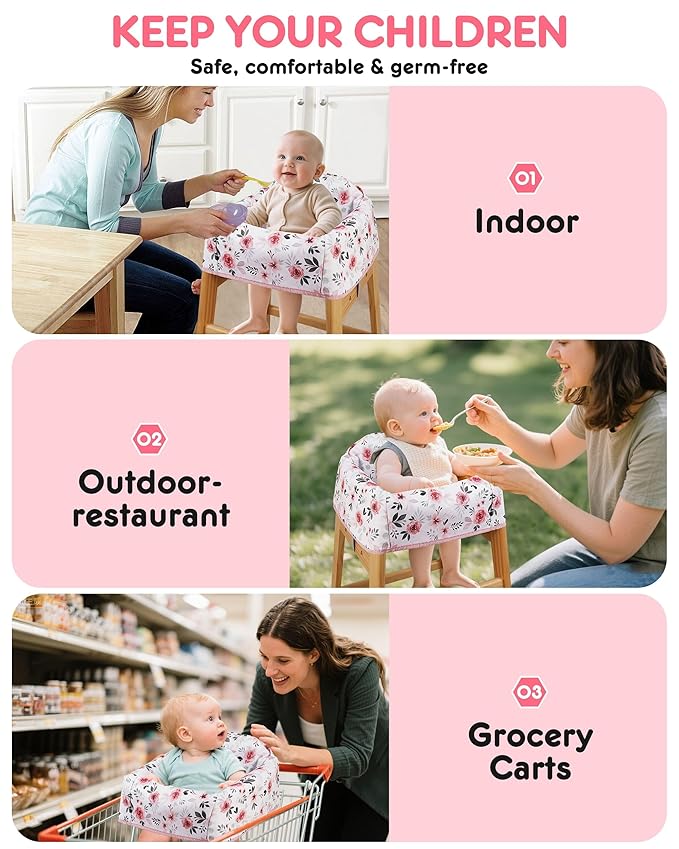 Baby High Chair Cover Restaurant with Strap Pads & 3-Point Harness, Machine Washable, Waterproof Portable Highchair Covers for Eating, Travel, Home Use - Fits Wooden Chairs, Pink Flowers