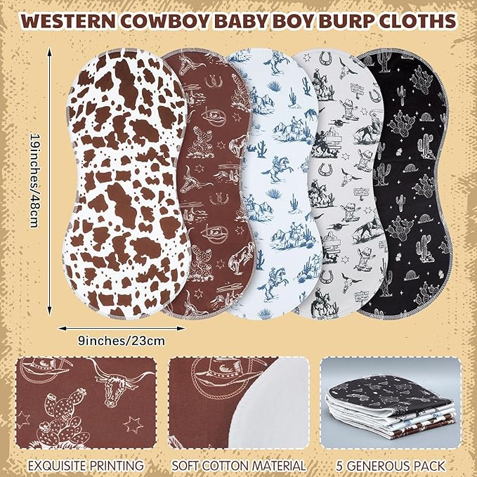 SmoothNovelty 5 Pack Vintage Western Baby Burp Cloths Soft Absorbent Burping Rags for Newborns 19"x9" Spit up Cloths for Boy Girl Newborn Baby Shower Registry Gifts Set Nursery Decor