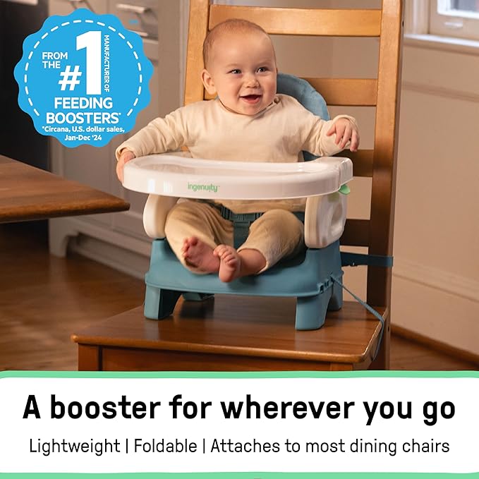 Ingenuity Deluxe Comfort Booster Seat for Kitchen Chair, Compact Fold, Portable, Lightweight, Toddler Booster Seat for Dining Table, from 6 Months to 3 Years – Teal
