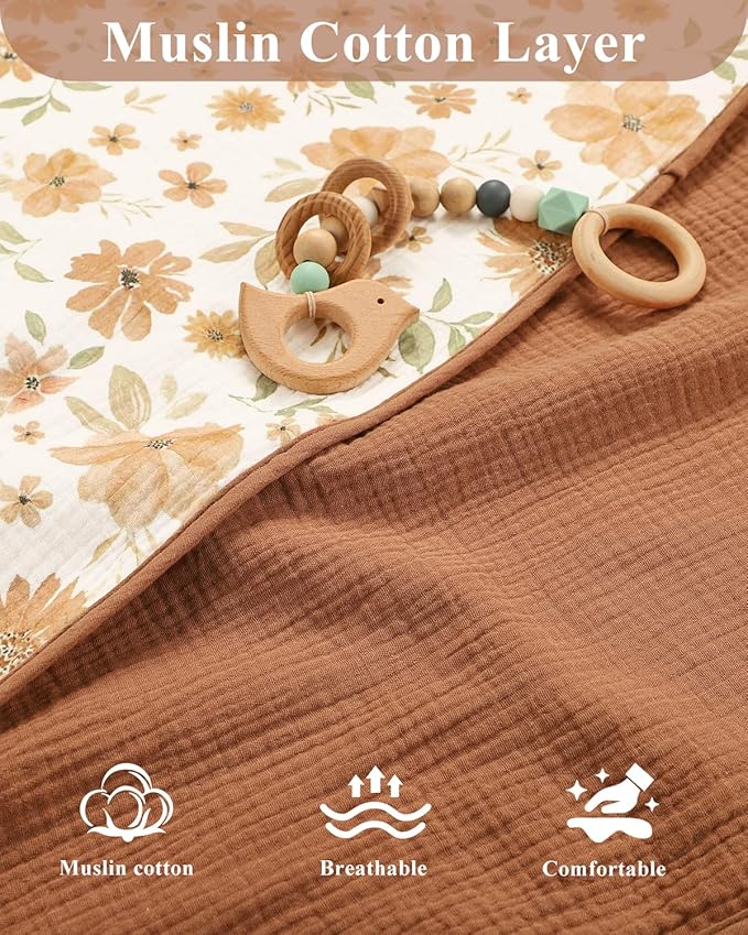Waterproof Portable Changing Pad 2 Pack, Muslin Cotton Baby Changing Mat Comfortable & Breathable, Foldable Diaper Changing Pad for Travel, Machine Washable, Flower & Brown