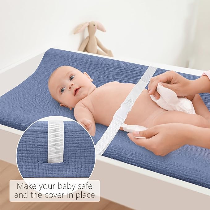 Bearmoss Baby Changing Pad Cover, Muslin [100% Cotton] Diaper Table Covers, 32'' x 16'' Soft Breathable Changing Pad Sheets for Unisex Baby Girls and Boys with Strap Holes (BlueWhite)