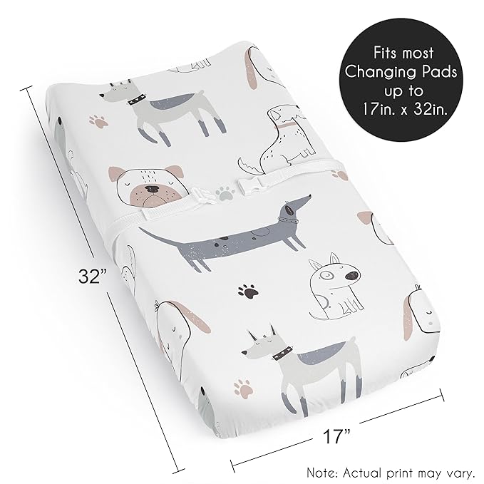 Sweet Jojo Designs Dog Boy Girl Unisex/Gender Neutral Baby Changing Pad Cover Sheet Infant Newborn Diaper Table Change Mat Cover Grey Taupe Blue Modern Puppy Pet Watercolor Puppies Bulldog Paw Print