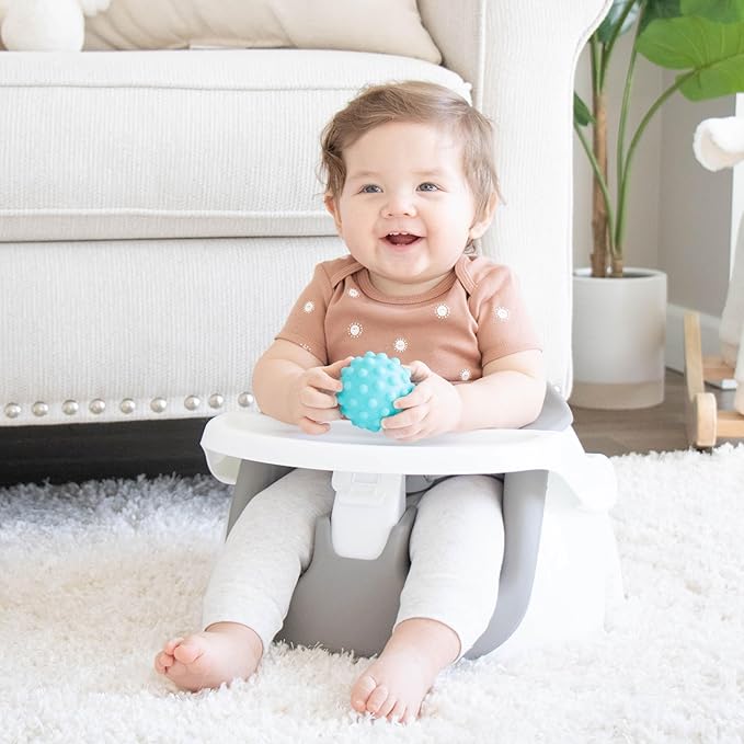 Regalo 2-in-1 Baby Floor Seat & Booster Seat with Tray, Sit-Up Support Chair for Infants & Toddlers, Portable Feeding Seat with Harness, Grow-with-Me Design, Indoor & Outdoor, White/Gray