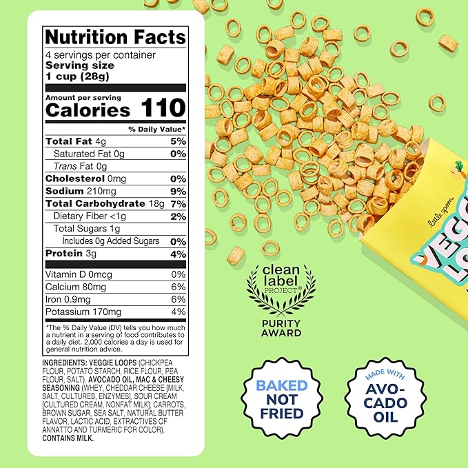 Little Spoon Mac and Cheesy Veggie Loops, Chickpea and Carrot Snack, Baked Not Fried, Avocado Oil, Hidden Veggies, Tastier Snacks for Kids, 3g Protein, Gluten-Free, 4 Pack
