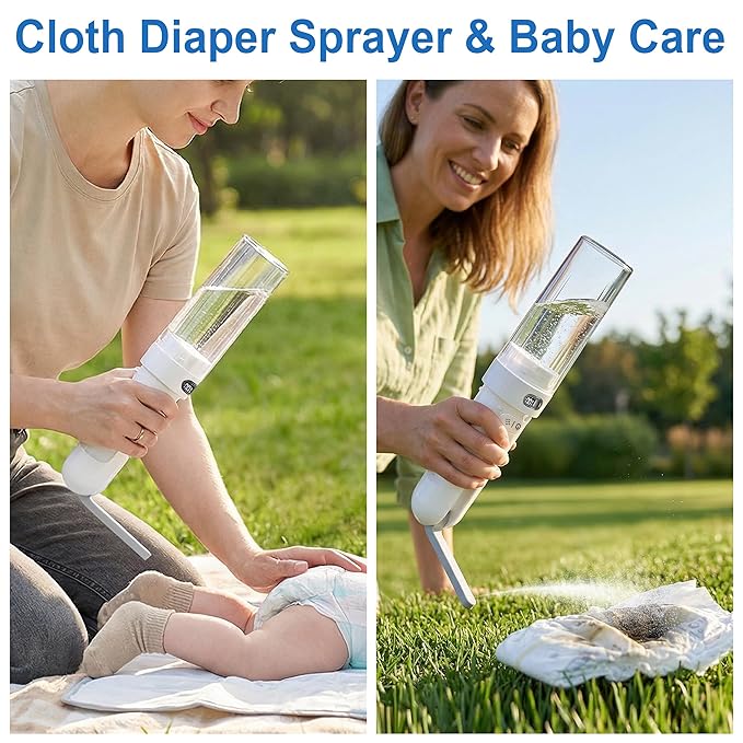 Portable Baby Bidet & Cloth Diaper Sprayer - Travel Irrigator for Baby Butt Cleaning, Rechargeable Handheld Sprayer, 28mm Bottle Compatible (White)