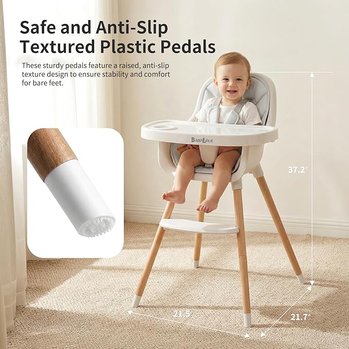 Baby High Chair, Wooden Highchair with Removable Tray, Adjustable Legs, Cushion, 5-Point Harness and Footrest for Infants, Baby, Toddlers, Gray