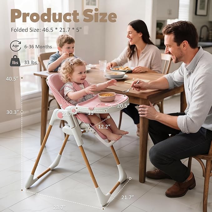 TODEFULL 3 in 1 Foldable Baby High Chair, Infant High Chairs for Babies and Toddlers, 6 Height & 5 Recline Adjustable Toddler Feeding Chair, 2 Tray Depth & 3 Footrest Angles, 2 Built-in Wheels, Black