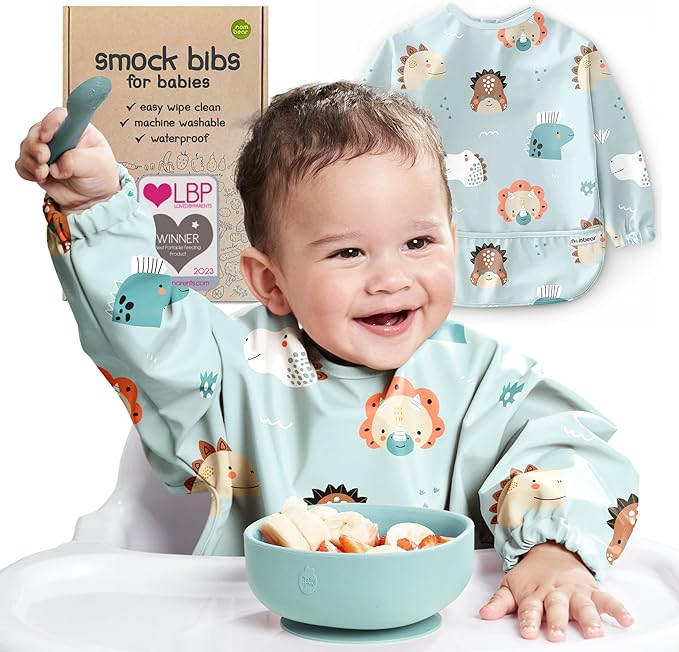 Waterproof Smock Baby Bibs for Eating (Boy or Girl 6-24 Months) - Toddler Long Sleeve Bib for Baby Led Weaning