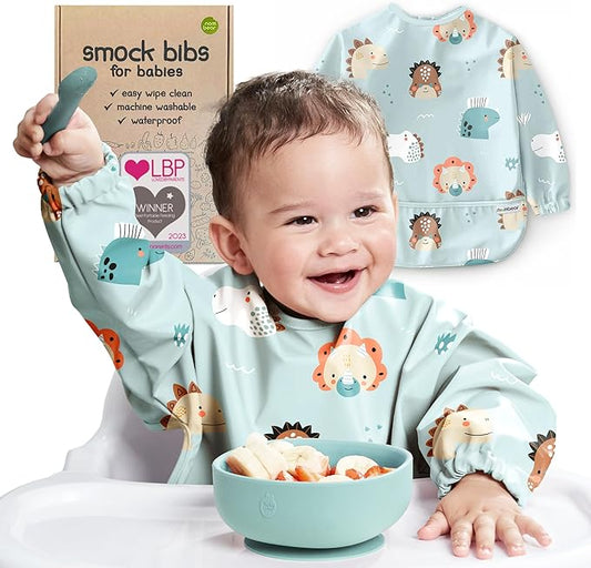 Waterproof Smock Baby Bibs for Eating (Boy or Girl 6-24 Months) - Toddler Long Sleeve Bib for Baby Led Weaning