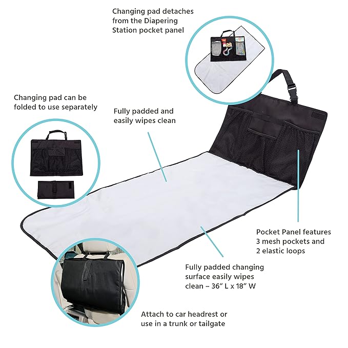 J.L. Childress Pockets 'N Pad Car Diaper Changing Station for Baby - Portable Diaper Changing Pad for Travel, Newborn Essentials for Moms, Wipeable & Water-Resistant - Black