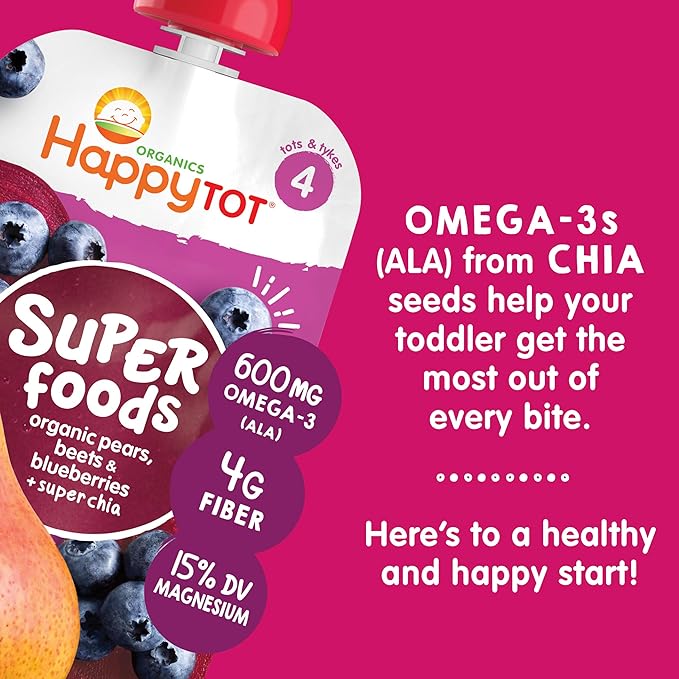 HAPPYTOT Organics Stage 4 Baby Food Pouches, Gluten Free, Vegan Snack, SuperFoods Fruit & Veggie Puree, Pears, Blueberries, Beets & Chia, 4.22 Ounce (Pack of 16)