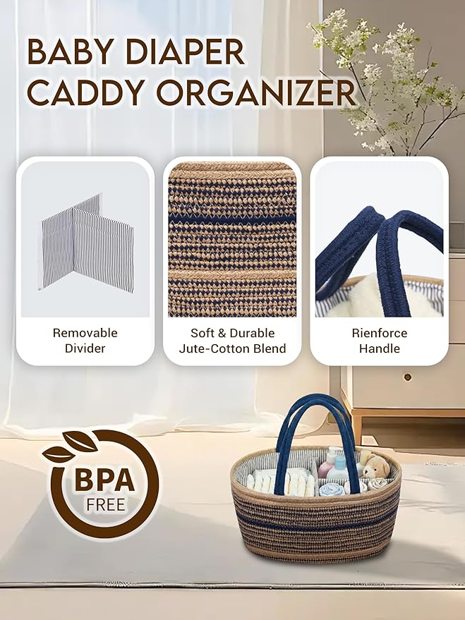 ZOES HOMEWARE Sapphire Blue Diaper Caddy Organizer, Jute Woven Baby Basket, Baby Caddy Nursery Storage Organizer, Shower Gifts for Newborn, Hand Woven Crafted (Brown&Blue),14.2"x 8.7"x7.1”