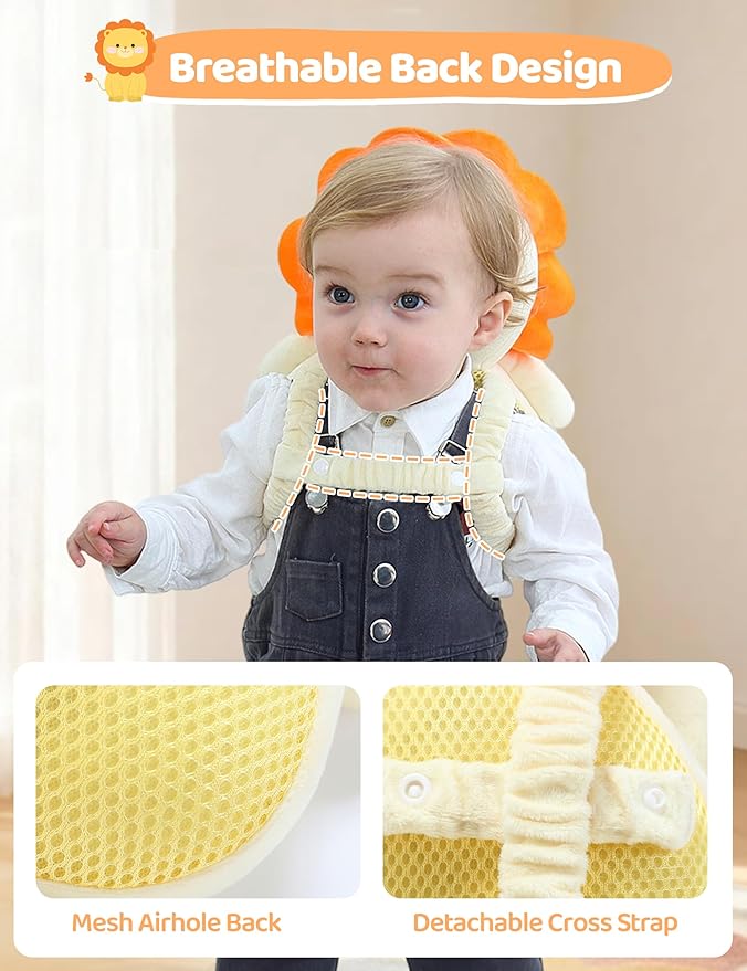 JunNeng Baby Head Protector Backpack with Squeaker，Toddler Head Safety Protection Cushion, Yellow Lion