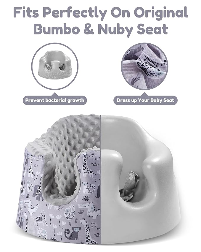 BOMOLOUR Seat Cover Compatible with Bumbo and Nuby Seat, Removable Breathable Baby Floor Seat Cover for Boys and Girls, Seat Not Included (Grey Animal)