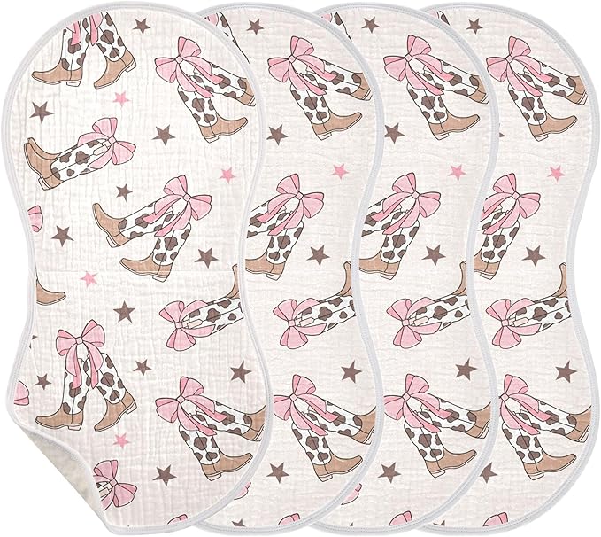 Bows Cowgirl Boots Western Burp Cloths Baby Boys Girls Absorbent Soft Cotton Burping Cloths Rags, 4 Pack