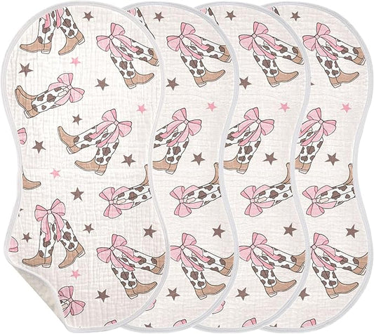Bows Cowgirl Boots Western Burp Cloths Baby Boys Girls Absorbent Soft Cotton Burping Cloths Rags, 4 Pack