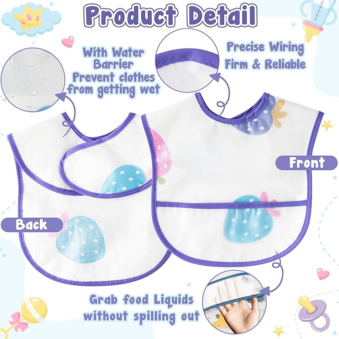 6Pcs Baby Feeding Bibs with Crumb Catcher Pocket Waterproof Sleeveless Teething Plastic Food Bib Set Adjustable Toddler Infant Keepsake Gift for Baby Shower, 6-24 Months