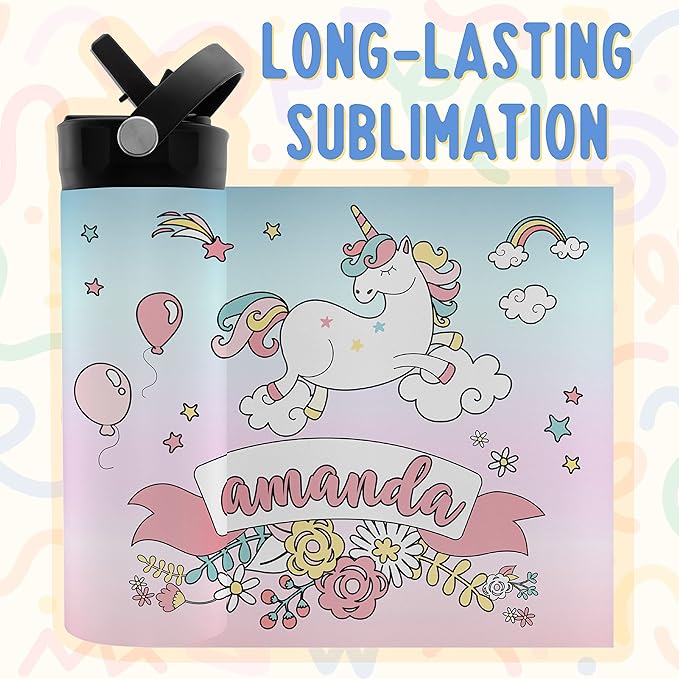 Personalized Kids Water Bottle with Straw Lid - 20 oz - 11 Wraparound Designs, Custom Water Bottle for Children - Unicorn Gifts for Girls, Teens - BPA FREE, Double-Wall Insulation - Unicorns