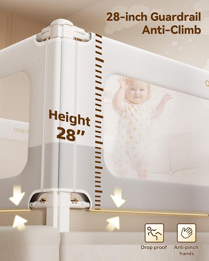 3 Piece Full Size Bed Rails for Toddlers, No-drill Needed Baby Bed Rail Guard with Height Adjustable, Thickened & Reinforced Child Safety Side Railing Guards/Bedrail for Kids,White/Grey, 54x74.8x74.8”