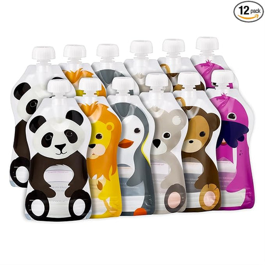 Squooshi Reusable Baby Food Pouches for Toddlers | Design Patented | Refillable for Yogurt, Applesauce, Smoothies & Puree | 12 Pack | 5oz | BPA Free, Food Safe, Freezer Safe | Assorted Animals