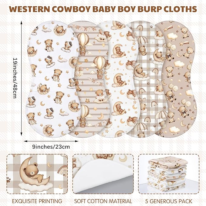 SmoothNovelty 5 Pack Teddy Bear Baby Burp Cloths Soft Absorbent Burping Rags for Newborns 19"x9" Spit up Cloths for Boy Girl Newborn Baby Shower Registry Gifts Set Nursery Decor
