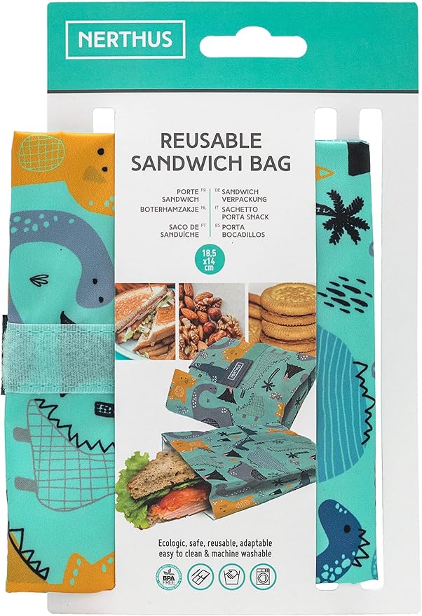 NERTHUS FIH 884 Reusable Sandwich Bag Dinosaurs, Eco-Friendly, Adaptable, Easy to Clean and Washable