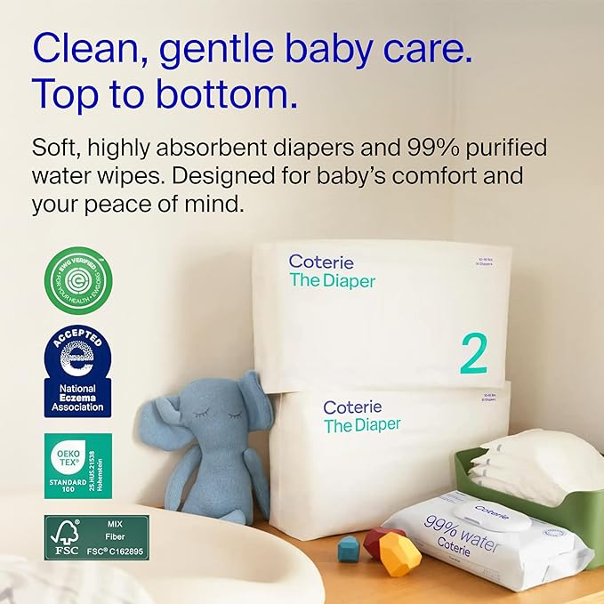 Coterie Baby Wipes + Diapers Kit, Size 1 (99 Count) & Size 2 Diapers (186 Count), 4 Pack (224) Baby Wipes with 99% Water, Plant Based Materials, Hypoallergenic for Sensitive Skin