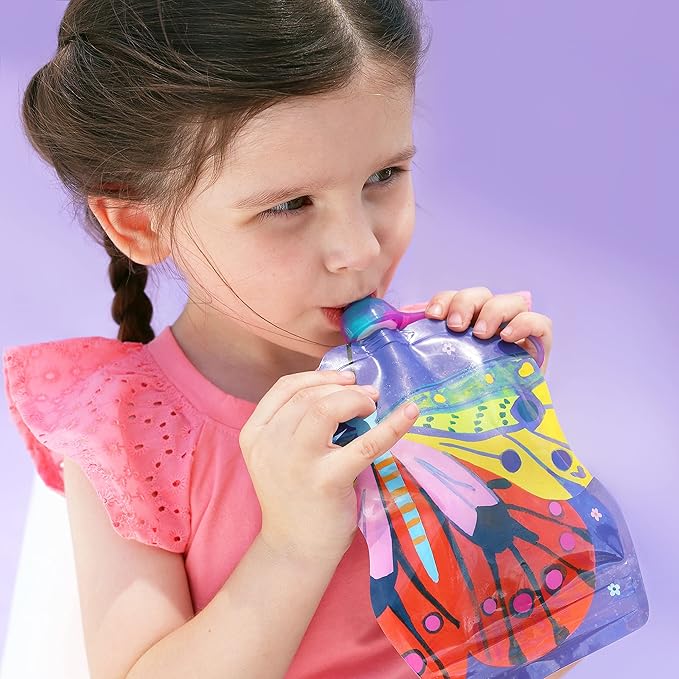ChooMee Reusable Baby Food Storage Pouches | BPA Free Leakproof Toddler Squeeze Pouch for Smoothies, Purees & Baby Food | Refillable, Double Zipper, Easy Clean, Wide Bottom | 6CT, 8oz FlutterBug