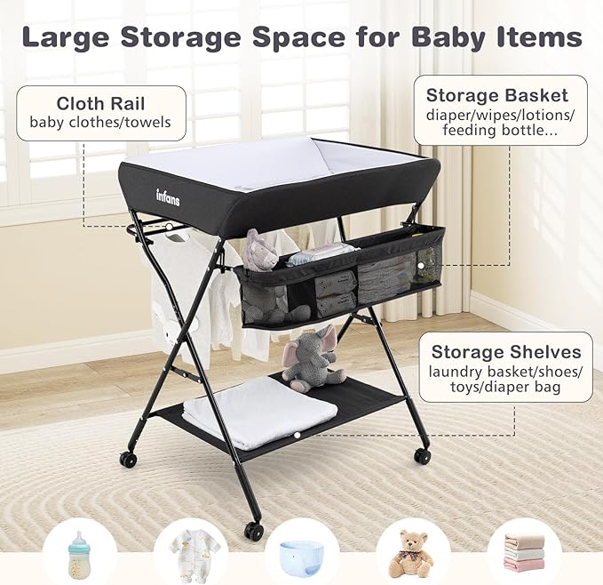 INFANS Baby Changing Table with Wheels, Portable Folding Diaper Station Nursery Organizer with Storage Basket, Hanging Rack, Adjustable Height, Safety Belt for Newborn Infant (Black)